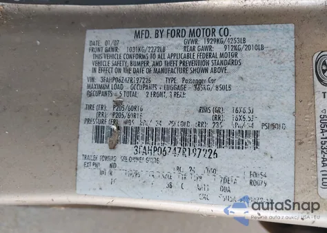 2007 Ford Fusion S z USA, uszkodzony, nr VIN 3FAHP06Z47R197226